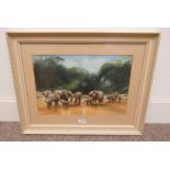 ELEPHANTS GATHERED AT WATER SINGED MINOT '75 FRAMED WATERCOLOUR 28 X 43 CM