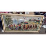 FRAMED ORIENTAL SEWN WORK PICTURE DEPICTING A GROUP OF PEOPLE ON A PILGRIMAGE,