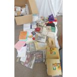 LARGE BOX CONTAINING VARIOUS NEEDLEWORK PATTERNS, TAPESTRY PATTERN, FABRICS, CANVAS SAMPLER,