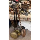 COPPER AND BRASS BED WARMING PANS, WICKER BASKET, VARIOUS OLD KEYS, CLEAVER, HAND BELL, BRASS, ETC.