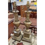 PAIR OF 19TH CENTURY STYLE METAL VASE TABLE LAMPS ON PLINTH BASES,