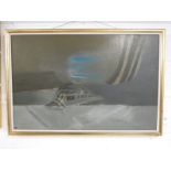 WILLIAM LITTLEJOHN - (ARR) 'BLUE MOON' SIGNED LABEL TO REVERSE GILT FRAMED OIL PAINTING 58 CM X 89