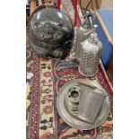 GLAZED CERAMIC CAT GARDEN ORNAMENT, 2 SODA BOTTLES, PEWTER PLATE,