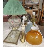 TABLE LAMP WITH SHADE, DOMED MANTLE CLOCK, SERVING TRAY,