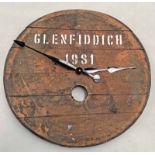 WHISKY BARREL LID CLOCK MARKED GLENFIDDICH 1981, WITH BATTERY OPERATED WORKS,