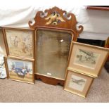 GEORGIAN MAHOGANY MIRROR FRAME WITH GILT EAGLE MOUNT & 4 FRAMED PRINTS, EMBROIDERY ETC.