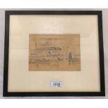 JAMES WATTERSON HERALD HARBOUR SCENE INITIALLED J W H FRAMED PENCIL DRAWING 13 CM X 18 CM