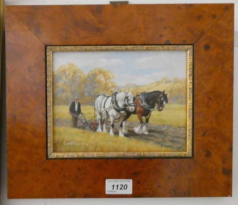 G WILLIAMS WORKING THE LAND SIGNED FRAMED OIL ON BOARD 14 X 19 CM