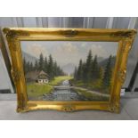 GILT FRAMED OIL PAINTING 'HOUSE BY THE MOUNTAIN STREAM' INDISTINCTLY SIGNED 49 CM X 69 CM