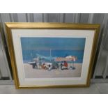 ALBERTO MORROCO 'FRIENDS AND FAMILY ON BEACH' SIGNED IN PENCIL GILT FRAMED PRINT 53 CM X 75 CM