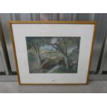 GEORGE HENRY - (ARR) 'TREES BY RIVER' SIGNED FRAMED PASTEL 35 CM X 47 CM