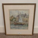 BOAT DOCKED AT HARBOUR INITIALLED M C FRAMED WATERCOLOUR 35 X 31 CM