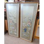 2 FRAMED ORIENTAL EMBROIDERIES DEPICTING BIRDS & 2 FIGURES IN GARDEN OF FLOWERS,