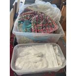 2 PLASTIC BOXES CONTAINING THREADS, BOUTIS, FABRIC,