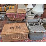 LEATHER CASE AND 3 WICKER PICNIC HAMPERS