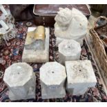 4 CARVED STONE PLINTHS MARKED RF, RECONSTITUTED STONE FIGURE ETC.