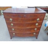 19TH CENTURY INLAID MAHOGANY BOW FRONT CHEST WITH 5 GRADUATED DRAWERS ON SPLAYED SUPPORTS,