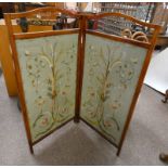 ARTS & CRAFTS STYLE OAK FOLDING 2 PART SCREEN WITH DECORATIVE SEWN WORK PANELS.