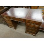 MAHOGANY TWIN PEDESTAL DESK WITH LEATHER INSET TOP & 3 FRIEZE DRAWERS OVER 2 STACKS OF 3 DRAWERS .