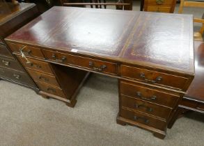 MAHOGANY TWIN PEDESTAL DESK WITH LEATHER INSET TOP & 3 FRIEZE DRAWERS OVER 2 STACKS OF 3 DRAWERS .