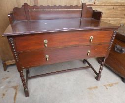 MAHOGANY 2 DRAWER CHEST WITH GALLERY TOP ON BARLEY TWIST SUPPORTS,