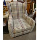 OVERSTUFFED WINGBACK ARMCHAIR ON TURNED SUPPORTS WITH CAMBRIDGE PLAID PATTERN
