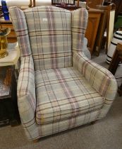 OVERSTUFFED WINGBACK ARMCHAIR ON TURNED SUPPORTS WITH CAMBRIDGE PLAID PATTERN