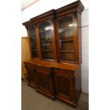 19TH CENTURY MAHOGANY BREAKFRONT BOOKCASE WITH 3 GLAZED PANEL DOORS OPENING TO SHELVED INTERIOR