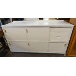 20TH CENTURY PAINTED SIDEBOARD WITH 3 DRAWERS & 5 SLIDING PANEL DOORS OPENING TO SHELVED INTERIOR,