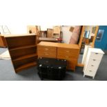 PAIR OF 4 DRAWER CHESTS, OPEN BOOKCASE ETC.