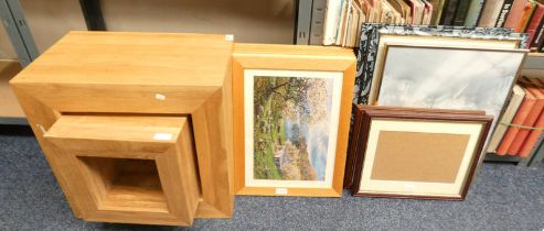 2 OAK CUBE TABLES, 4 COLOURED PRINTS,