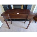 19TH CENTURY MAHOGANY TEA TABLE WITH TURNOVER TOP ON SQUARE SUPPORTS,