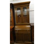 19TH CENTURY OAK CYLINDER BUREAU BOOKCASE WITH 2 GLAZED PANEL DOORS OPENING TO SHELVED INTERIOR