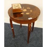 INLAID MUSIC BOX WITH PRINT OF CHILD IN TREE TO TOP & INLAID WALNUT CIRCULAR TABLE WITH LIFT-UP TOP