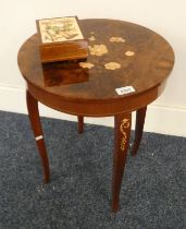 INLAID MUSIC BOX WITH PRINT OF CHILD IN TREE TO TOP & INLAID WALNUT CIRCULAR TABLE WITH LIFT-UP TOP