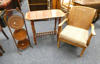 19TH CENTURY MAHOGANY CENTRE TABLE ON TURNED SUPPORTS & INLAID MAHOGANY FOLDING CAKE STAND,