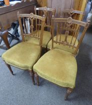 SET OF 4 19TH CENTURY SATINWOOD DINING CHAIRS WITH DECORATIVE CARVING & INLAY ON REEDED SUPPORTS