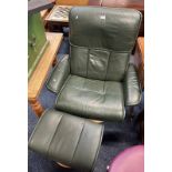 EKORNES STRESSLESS GREEN LEATHER RECLINING SWIVEL CHAIR WITH MATCHING STOOL