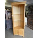 OAK CORNER CABINET WITH OPEN SHELVES OVER 2 PANEL DOORS 200 CM