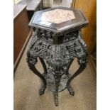 EASTERN HARDWOOD PLANT STAND WITH HEXAGONAL TOP WITH PINK MARBLE INSET & DECORATIVE ORIENTAL