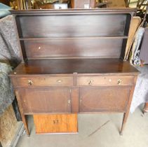 MAHOGANY DRESSER WITH SHELF BACK OVER BASE WITH 2 DRAWERS & 2 PANEL DOORS ON SQUARE TAPERED