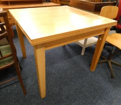 BEECH WOOD DROP LEAF KITCHEN TABLE ON SQUARE SUPPORTS,