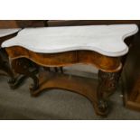 19TH CENTURY MARBLE TOPPED WALNUT CONSOLE TABLE WITH SERPENTINE TOP & SINGLE DRAWER ON DECORATIVE