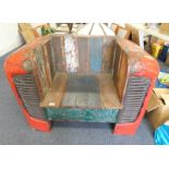 20TH CENTURY METAL & HARDWOOD HALL BENCH CONSTRUCTED FROM A TRACTOR HOOD,