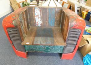 20TH CENTURY METAL & HARDWOOD HALL BENCH CONSTRUCTED FROM A TRACTOR HOOD,