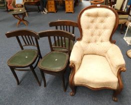 19TH CENTURY MAHOGANY FRAMED BUTTON BACK GENTLEMAN'S ARMCHAIR ON CABRIOLE SUPPORTS AND SET OF 3