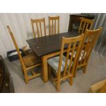 HARDWOOD RECTANGULAR KITCHEN TABLE ON SQUARE SUPPORTS & SET OF 6 TALL BACK OAK DINING CHAIRS,