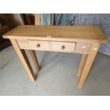 OAK HALL TABLE WITH 2 DRAWERS ON SQUARE SUPPORTS 86 CM TALL X 90 CM WIDE