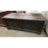 OAK COFFER WITH DECORATIVE CARVED PANELS Condition Report: Dimensions: 46cm tall