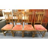 SET OF 4 ARTS & CRAFTS CARVED OAK DINING CHAIRS ON BARLEY TWIST SUPPORTS